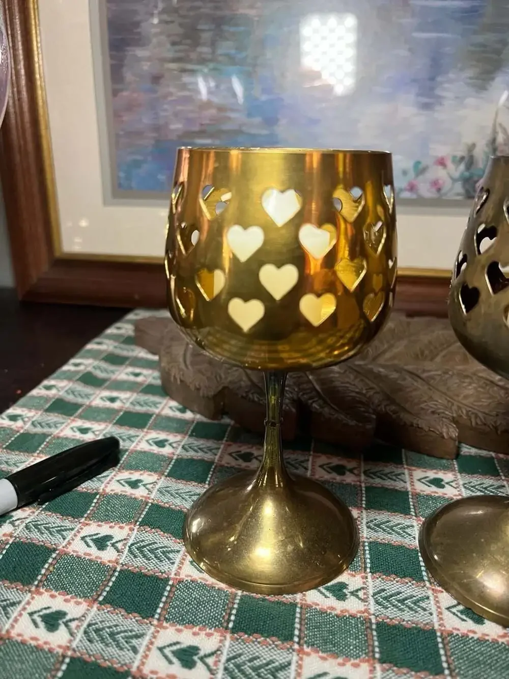 Vintage Hosley Brass Heart Cutout Goblet Votive Candle Holders, Set of 2